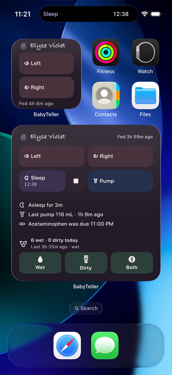 Both widgets on a dark home screen.