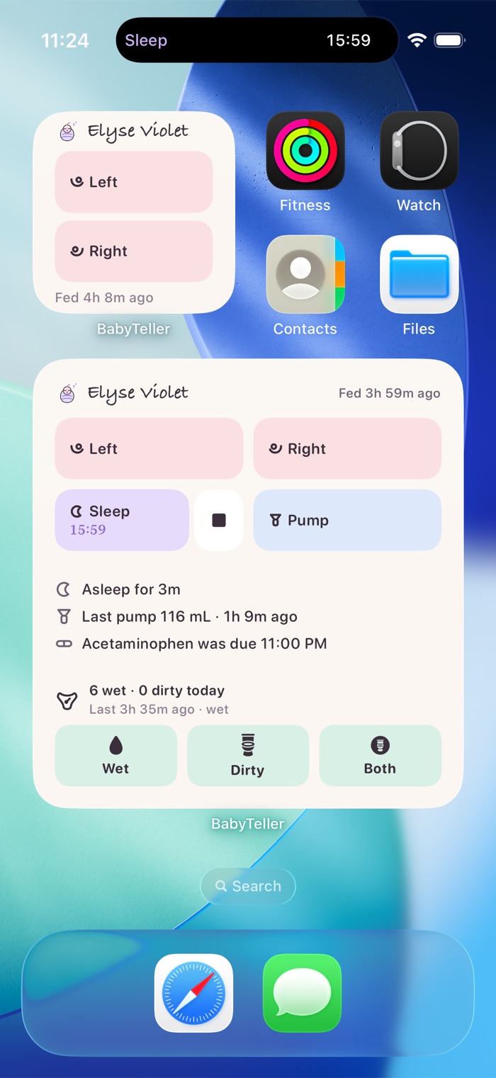 Two BabyTeller widgets on the home screen, small and large, showing live counts and running timers.