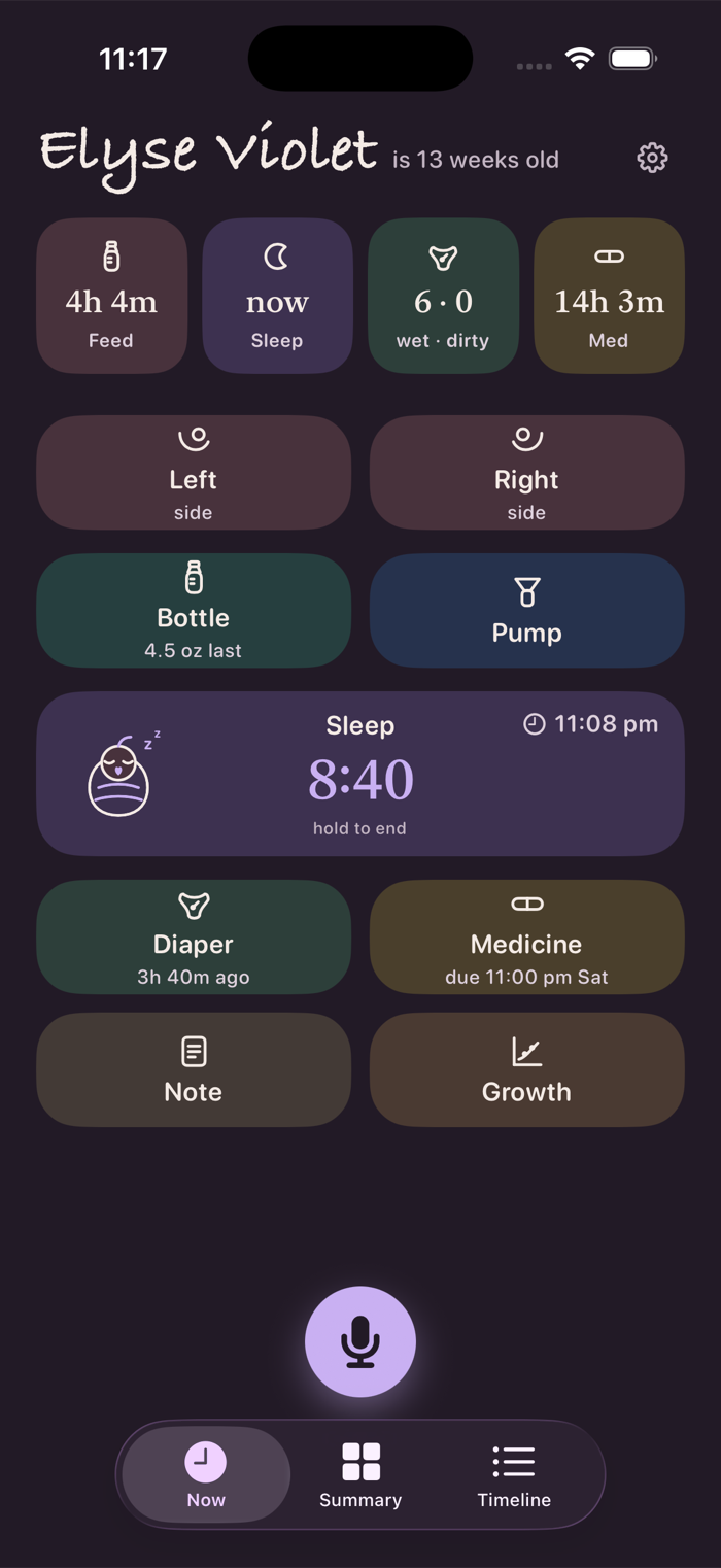 The Now screen at night, in dimmed pastels on deep plum.
