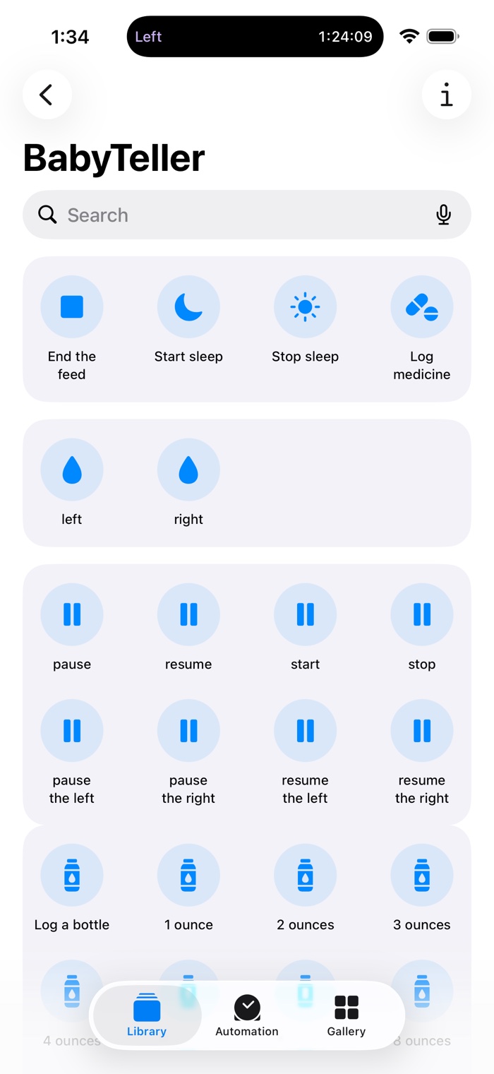 The Shortcuts app showing BabyTeller's actions: end the feed, start and stop sleep, log medicine, left and right, pause and resume each side.
