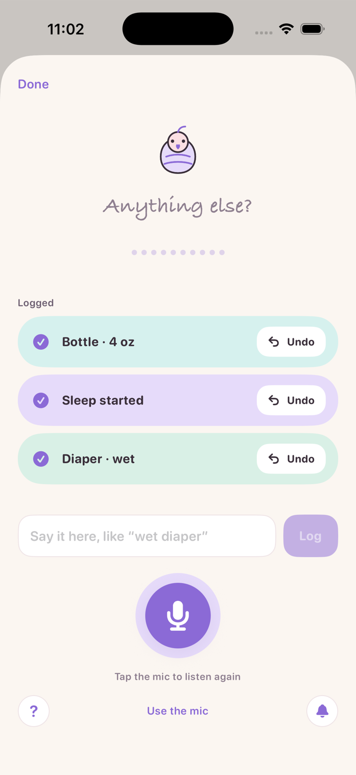 Three commands parsed from one sentence, each logged on its own card with an Undo button.