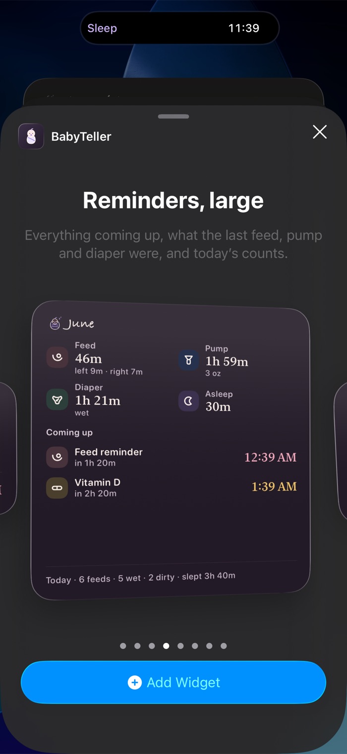 The large Reminders widget at night.
